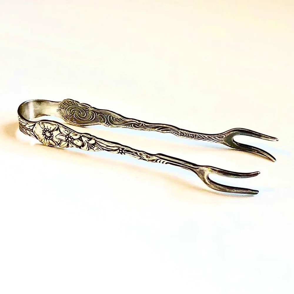 Antique Nils Johan Sweden Silver Plate Petite Forked Sugar Tongs Amsterdam Flora